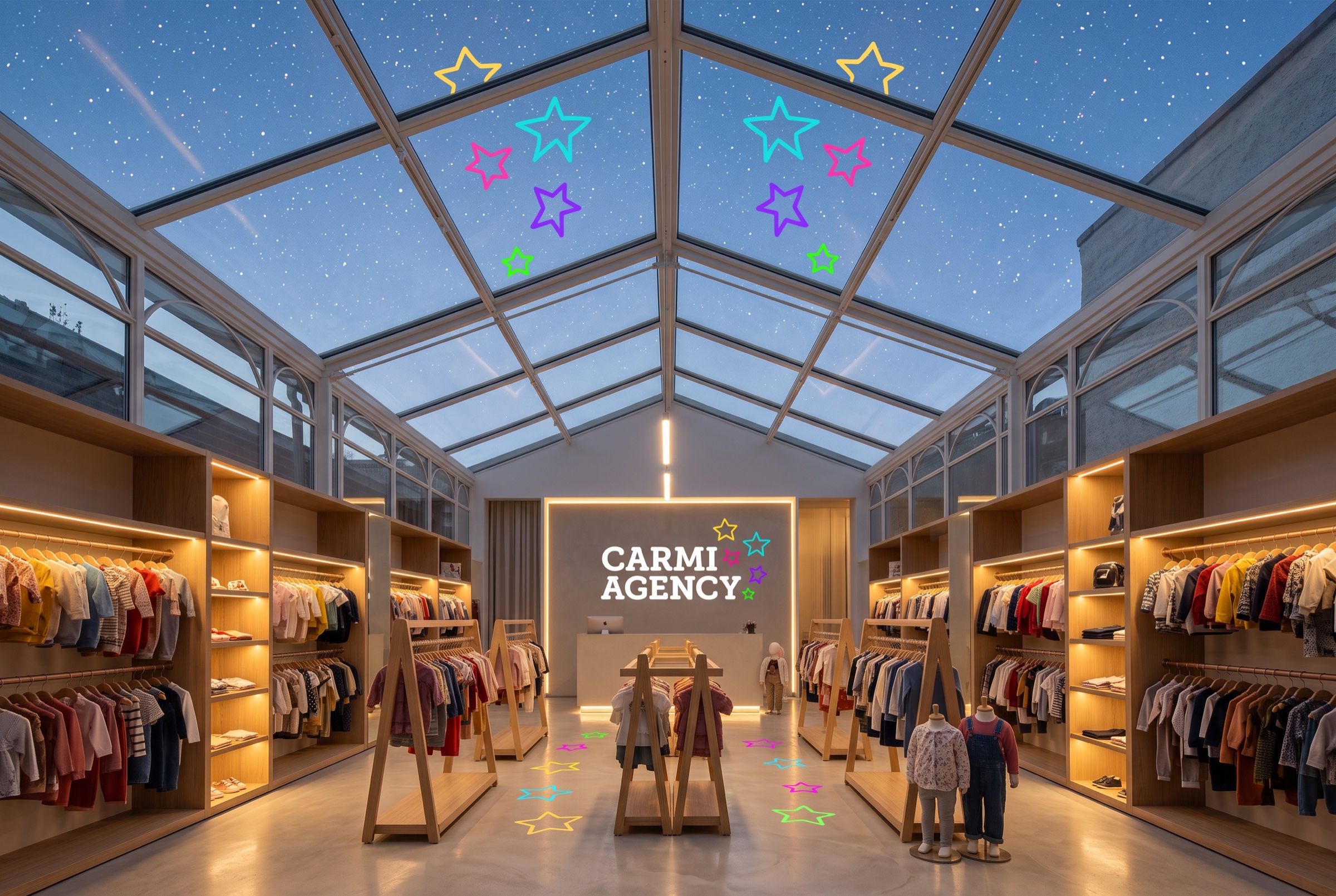Carmi Agency showroom under a starry glass atrium — children's wear racks and a glowing logo wall with neon stars