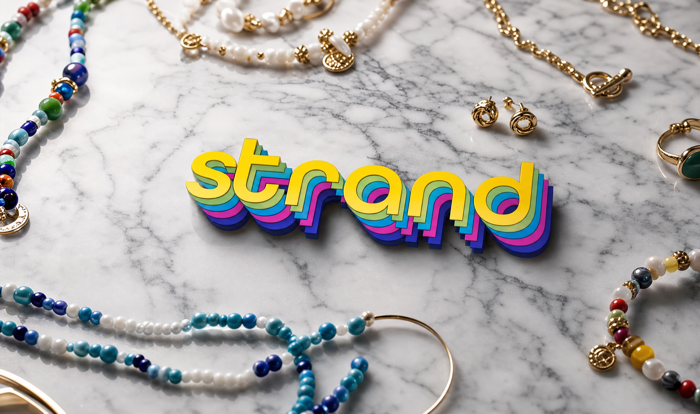 Strand brand poster — dimensional rainbow-stacked logotype on marble, surrounded by beaded necklaces and gold jewelry